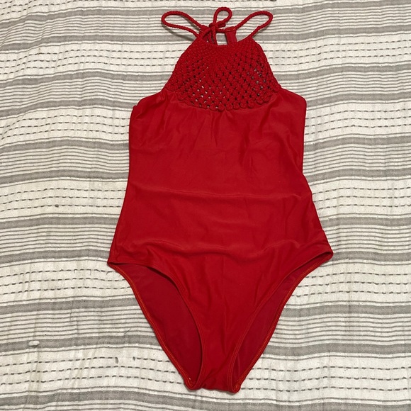 aerie Swim Aerie Red Crochet Neck One Piece M Low Back Swimsuit